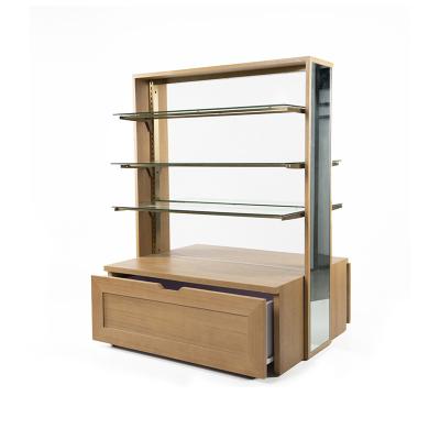 China Fashion Floor Rack Garment Gondolas Wooden Cabinet Shelf Best Selling High Quality Double Side Glass Display for sale