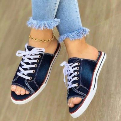 China 2021 new durable women's sandals unilateral bottom heeled outside women's shoes washed denim slippers to wear flat sandals flat sandals for sale