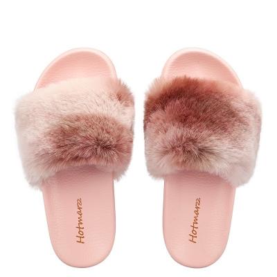 China Real Raccoon Fox Logo Real Logo Slippers Fashion Trend Fur Hairy Slides Wholesale Luxury Custom Fluffy Fur Slipper For Women for sale