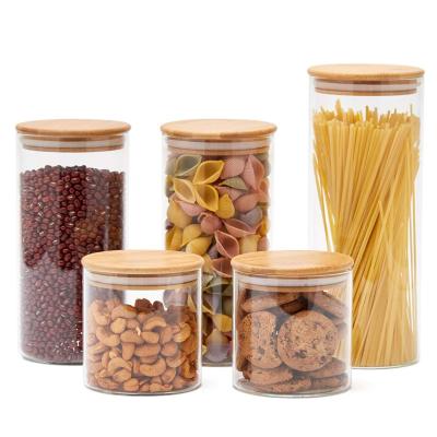 China 600ml 1000ml 2000ml Kitchen Viable Glass Canisters With Airtight Bamboo Lid Glass Storage Jars For Flour Sugar Coffee Candy Snack for sale