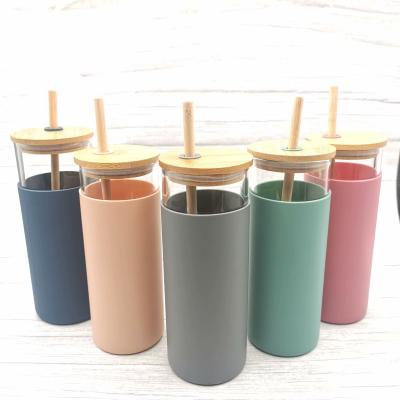 China Home Use 20oz Glass Water Bottle Glass Tumbler With Straw And Silicone Protective Sleeve Bamboo Lid for sale