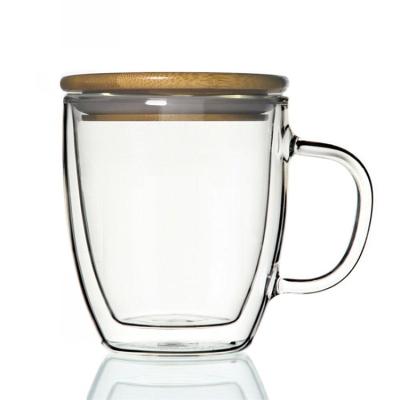 China 16 Ounce Sustainable Borosilicate Glass Double Wall Mug With Bamboo Lid For Coffee Milk Brewing Tea for sale