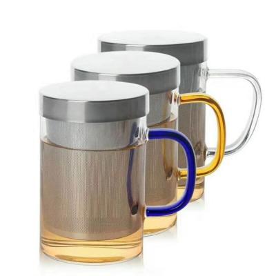 China 500ml Viable Tall Borosilicate Glass Tea Cup Tea Glasses with Stainless Steel Infuser and Lid for Steeping Tea for sale