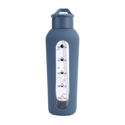 China Sustainable 32 oz bamboo lid wide mouth frosted glass water bottle with time marker and neoprene sleeve for hot cold drinks for sale