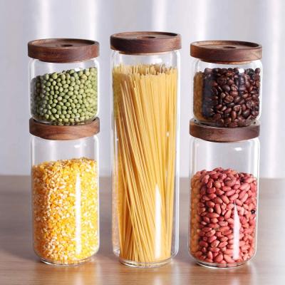 China Thick Stackable Natural Freshness Preservation Kitchen Sugar Or Flour Canisters Style Cookie Rice Spice Jars With Wooden Lid for sale