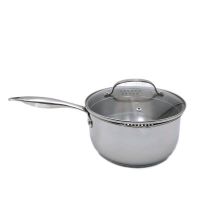 China 2020 16cm Hot Selling Stocked Stainless Steel Saucepan Induction Kitchenware with Straining Lid/Pouring Lip for Cooking for sale