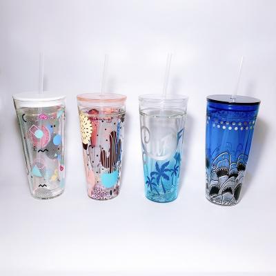 China Viable Bulk Double Wall Reusable High Borosilicate Stained Glass Tumbler With Lid And Straw for sale