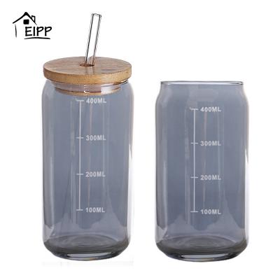 China Custom Box Gold Rim Amber Logo Modern Gray Colored Sublimation Smoky Beer Can Shaped Glass 16oz With Bamboo Lid And Straw for sale