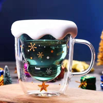 China Christmas Gift 250ml High Borosilicate Heat Resistant Green Durable Promotional Double Wall Coffee Tea Milk Cup Glass Mug for sale