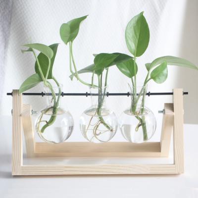 China Minimalist Modern Creative Clear Around Plant Vases Desktop Hydroponic Glass With Wooden Stand For Home Decor for sale