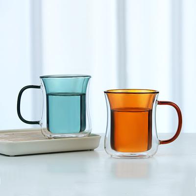 China Viable Wholesale Customized Logo Double Wall Glass Coffee Tea Cups Clear Colorful Insulated Borosilicate Mugs With Handle for sale