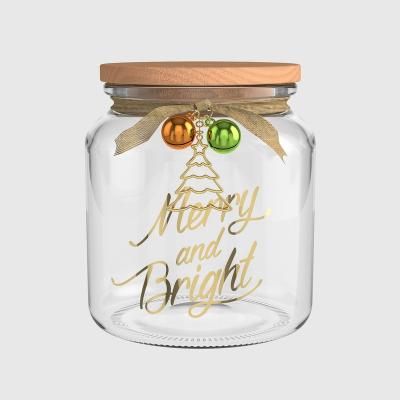 China Wholesale Customized Viable Candy Food Kitchen Transparent Christmas Cookie Storage Glass Jar With Wooden Lid for sale