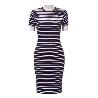 China Wholesale Anti-Static Round Neck Plain Round Neck Sample Women Ladies Ladies T-shirts Bodycon Knitting Mature T-shirt Dress With Stripe for sale