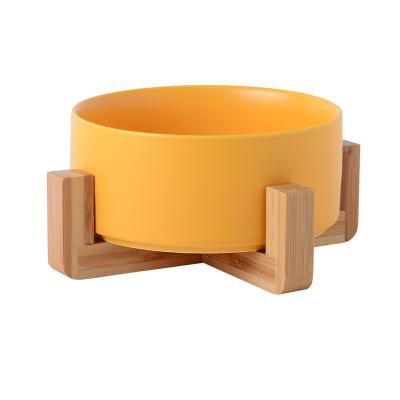 China Wholesale Sustainable Easy To Clean Eco - Friendly Round Ceramic Pet Bowl Wood Holder for sale