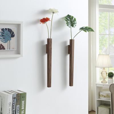 China Eco-friendly Plant Wall Vase Flower Plant Direct Nordic Handmade Solid Wood Bonsai Bottle Glass Tube Home Decor Entryway Ornament for sale