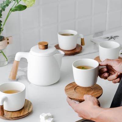 China Viable Nordic Ceramic Teapot Set With Wooden Saucer Tray Teapot And Cup Set In Handle Kitchen Teapot Kettle Teaware Coffee Cup Water Cup for sale