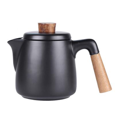 China Viable Nordic Ceramic Teaware Set With Wooden Handle Black Teapot Coffee Cup Water Saucer Drinkware Kitchen Kettle White for sale