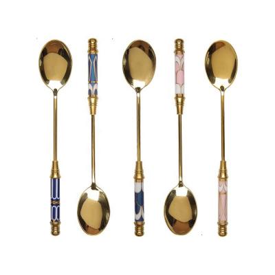 China Ceramic Cake Honey Spoon Flatware Cutlery Stainless Steel Hot Viable Gold Teaspoon Handle Ice Cream Teaspoon Dessert Set for sale