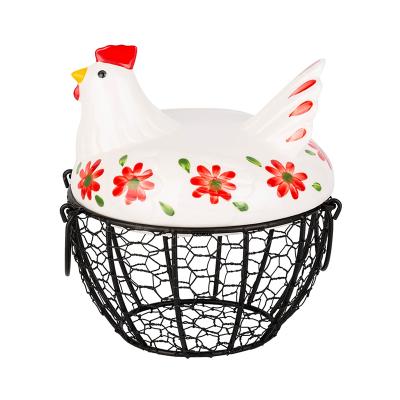 China Creative Ceramic Fruit Stored Eggs Gathering Storage Basket Hen Shaped Large Capacity Metal Mesh Potato Container With Lid Kitchen for sale