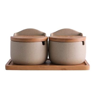 China Viable Japanese Pottery Spice Jars Set Seasoning Salt Can Sugar Pepper Porcelain Box Bamboo Cover Ceramic Kitchen Storage Containers for sale