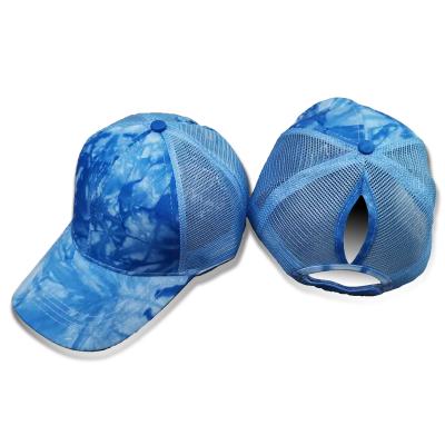 China COMMON Ponycap Tie Dye Messy Top Hat Mesh Trucker Baseball Hat Adjustable Ponytail Cap Bun for sale