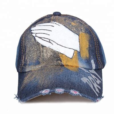 China COMMON Pray Freehand Jean Material Funny Denim Jean Hat 6 Panel Baseball Cap for sale