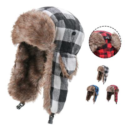 China COMMON Fleece Striped Earflap Bomber Hat Snow Ski Warm Winter Cycling Thicken Trapper Hat Checked Snow Windproof Cap for sale