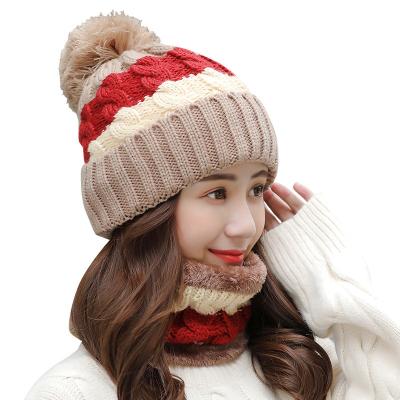 China COMMON Selling Separate Fleece Striped Beanie Scarf And Gloves Winter To Thicken Soft Ski Fur Pompom Knitted Hat Snow Cap for sale