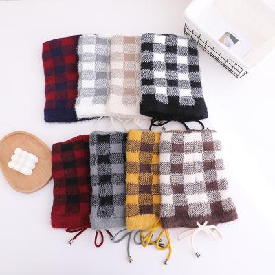 China COMMON 2 in 1 Winter Beanie Hat with Fleece Striping Checked Scarf Neck Warmer Ponytail Fashionable Knitted Hat with Pull Rope for sale