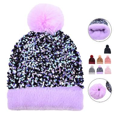 China Bling Sequin Beanie Hat Fashion Female Ladies Winter Fleece COMMON Warm Detachable Pompom Knitted Hat Cap for sale