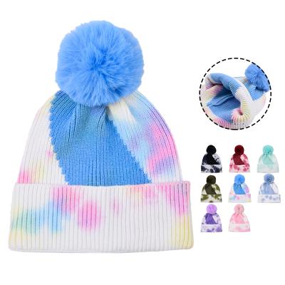 China New JOINT Style Link Dye Copy Knitted Beanie Hats Fashion Colorful Beanie Hat Women Winter Fur Pompom Hats for sale