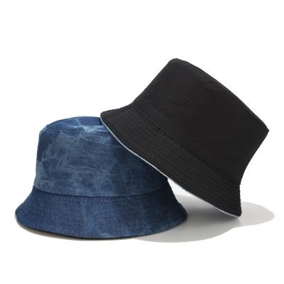 China Casual Vintage Washed Reversable Double Sided Jean Bucket Hats Bucket Hat Blank Denim Bucket Hat Wholesale for sale