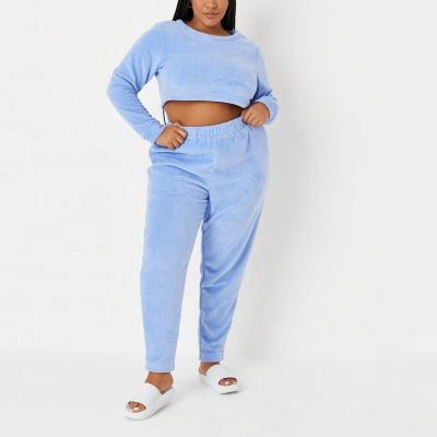 China OEM breathable ladies homewear long sleeve crop top and jogger sleepwear custom women blue super soft plush plus size fleece loungewear for sale