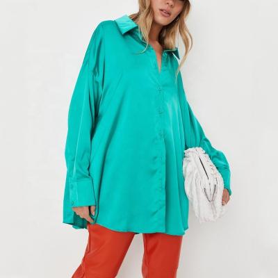 China Custom logo anti-pilling high quality soft fabric ladies plus size blouse women green satin extreme oversized shirt for sale