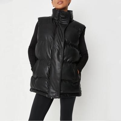 China Custom Made High Quality Black Sleeveless Faux Zipper Coat Women Winter Ladies Winter Ladies Leather Padded Vest Waterproof for sale