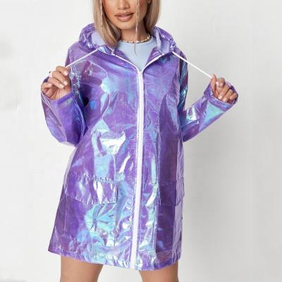 China New arrivals waterproof women fashion top ladies outwear shiny PU zipper reflective jacket with hood for sale