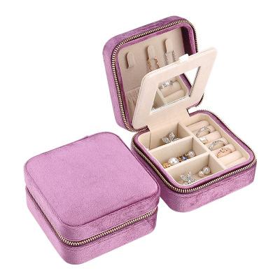 China Stylish Custom Velvet Box Travel Portable Ring Earring Jewelry Box Mirror Macoron Square Jewelry Storage Case for sale