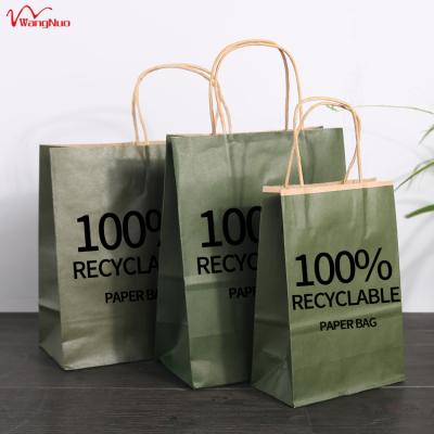 China Custom Reusable Dark Green Kraft Logo Reusable Paper Gift Packaging Handle Pouch Recyclable Custom Shopping Bags With Handle for sale