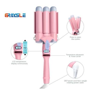 China Safety Braysle Electric Hair Curler 3 Barrel Curling Iron Magic Wand LCD Display Hair Curling Clips with Temperature Control for sale