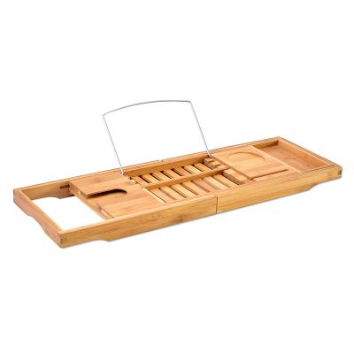 China Viable High Quality Natural Bamboo Trolley With Towel Trays, Soap Organizer And Wine Glass Simple Design Tub Bath Rack for sale