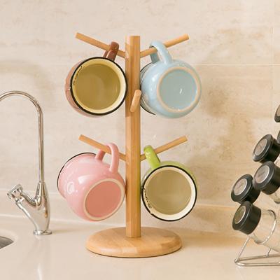 China Viable Demountable Bamboo Cup Holder Storage Wooden Coffee Cup Holder Tree Rack With 6 Hooks for sale