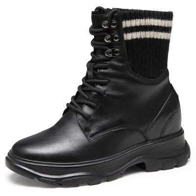 China Height Increasing High Neck Flight Knit Lace Up Winter Branded Leather Boots For Women Height Increasing Shoes for sale