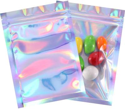 China Moisture Proof In Front Zipper Mini Smell Proof Holographic Makeup Foil Storage Mylar Ziplock Bag Shiny Clear Resealable Pocket Running for sale