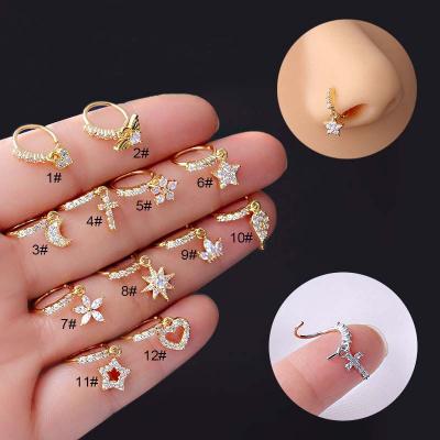 China TRENDY Heart Angel Flower Star Dangle Nose Circle Piercing No Lock Copper With Zircon for sale