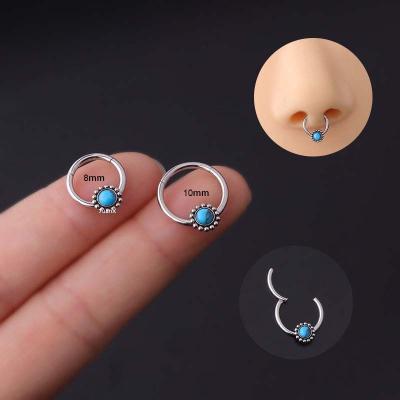 China Vintage Seamless Nose Circle Locked Loop Piercing Cartilage Jewelry Stainless Steel Earrings With Turquoise for sale