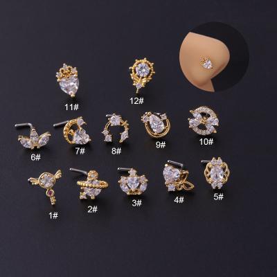 China FASHIONABLE Heart Crown Planet Shape L Shape Nose Stud Piercing Stainless Steel With Zircon 20Gauge for sale