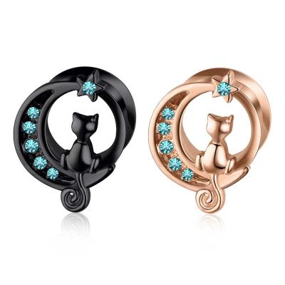 China Stainless Steel Cat Shape Plug Earrings CLASSIC Simple Stainless Steel Flare Tunnel With Zircon for sale