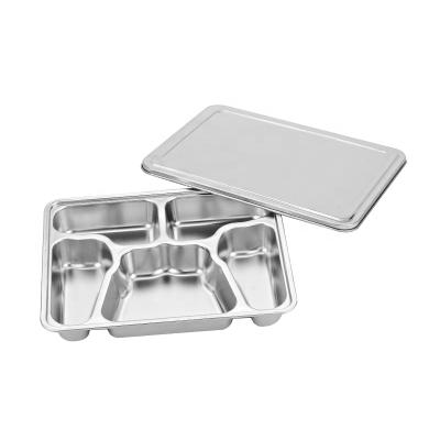 China Freshness Preservation 201 Stainless Steel 5 Compartment Fast Food Serving Dish Lunch Tray for sale