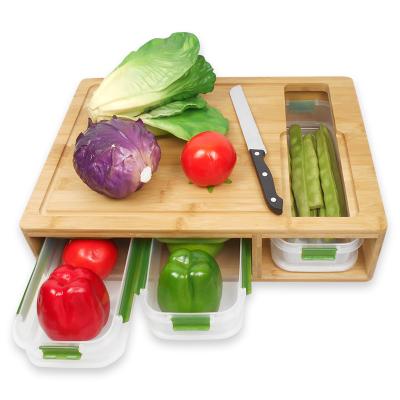 China Sustainable Bamboo Cutting Board Juice Groove With 3 Drawer Tray And Locking Lid for sale