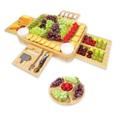 China Sustainable Bamboo Cheese Board Charcuterie Tray With Stainless Steel Cutlery Set Serving Tray Tray For Gift for sale